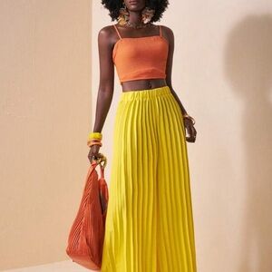 Yellow Pleated Wide Leg Pants